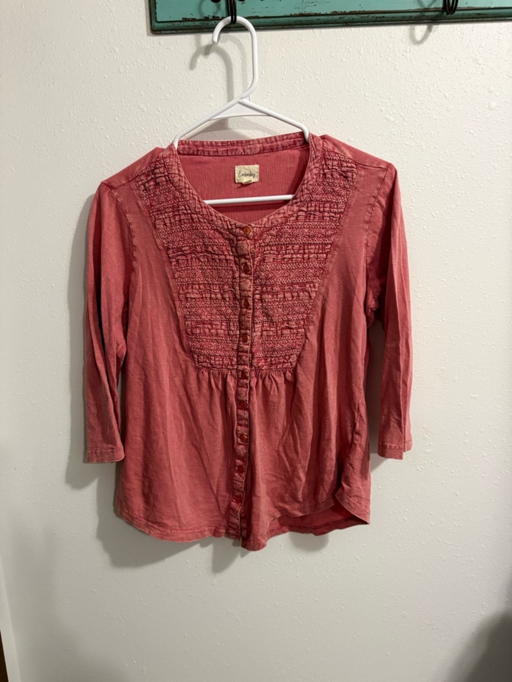 Women's Rust-Pink Button-Front Smocked Blouse